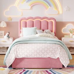 Twin Size Bed Frame with LED Lights and Storage Drawer, Pink Upholstered Velvet Platform Bed with Adjuatable Wavy Headboard, Noise-Free, Easy Assembly