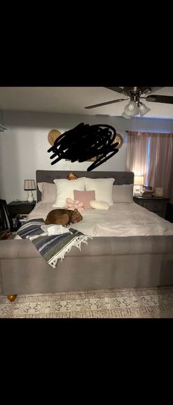 Fabric king bed frame (pet owned)