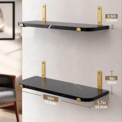 Afuly Black Floating Shelves for Wall, Gold Shelf for Home Decor, 16 inch Wall Mounted Shelves for Living Room Bedroom Bathroom, Modern Luxury Storage