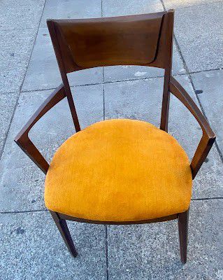 Vintage Mid-Century Modern Wooden Chair with Arms and Sunflower Yellow Upholstered Seat by Haywood Wakefeld 