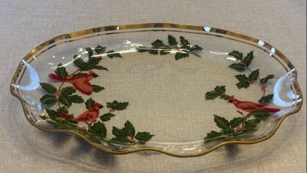 Hand-Painted Glass Dish with Cardinals and Holly by Michio Suzuki