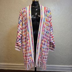 Multicolor Open Front Knit Cardigan with Fringe