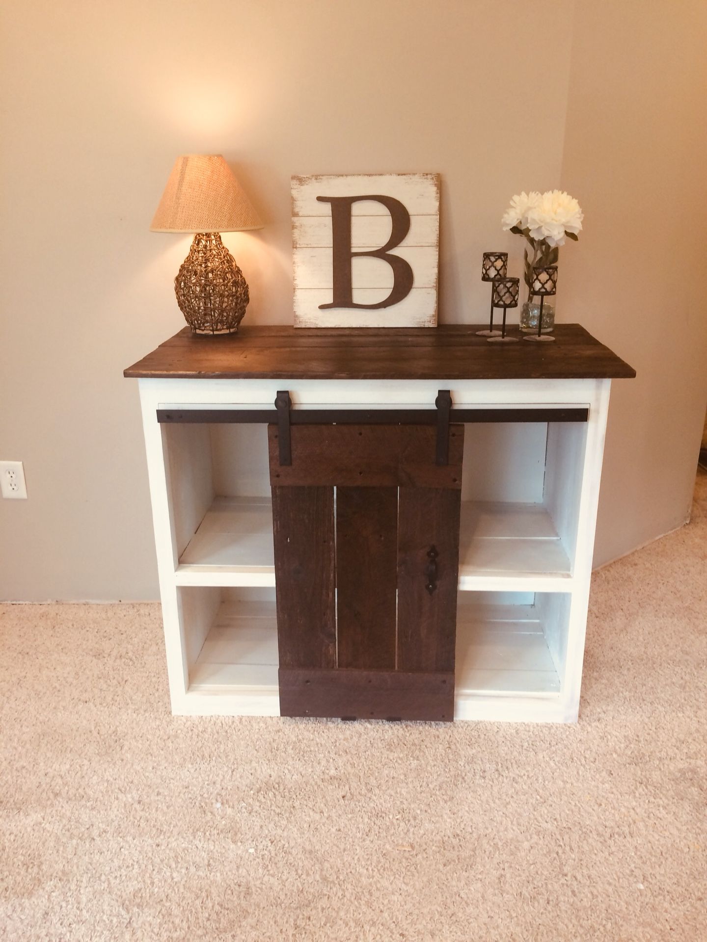 Rustic barn wood w/sliding barn wood door entertainment center/vanity/dresser/extra storage