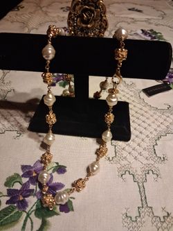 1980s St. John long baroque costume pearl gold tone