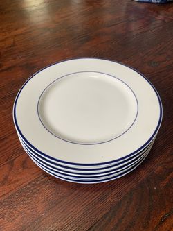 Crate & Barrel Roulette Blue Band 10”Porcelain Dinner Plates White Set Of 6