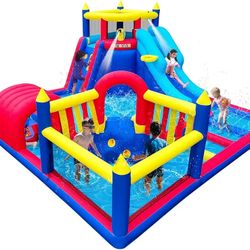 Causeair Inflatable Square Water Slide Park,15x15FT,Big Splash Pool,Long&Short Slides,Fun Crawl Tunnel,Basketball Hoop,GFCI Blower,Bounce Castle for P