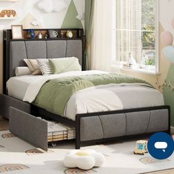 Garvee Twin Size Bed Frame with 2 Storage Drawers and Charging Station, Rustic Linen Upholstered... Y