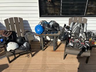 Large Mixed Sports Equipment Lot – Hockey Baseball Rollerblades Helmets AS IS