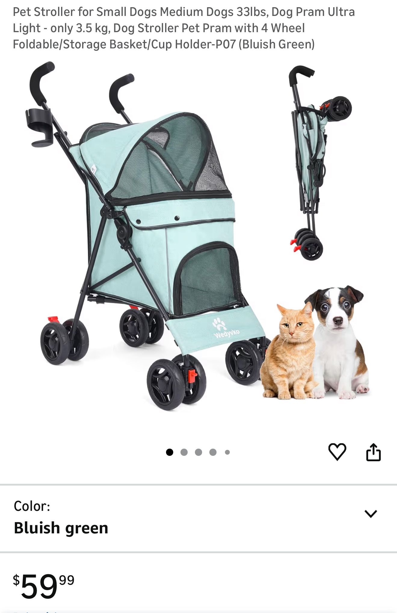 Pet Stroller for Small Dogs Medium Dogs 33lbs, Dog Pram Ultra Light - only 3.5 kg, Dog Stroller Pet Pram with 4 Wheel Foldable/Storage Basket/Cup Hold