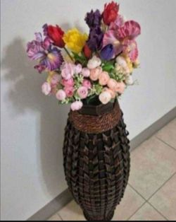 *** CLEARANCE *** 39" Hand Woven Bamboo Floor Vase with Faux Iris / Tulips / Begonias @ Lasting Creations