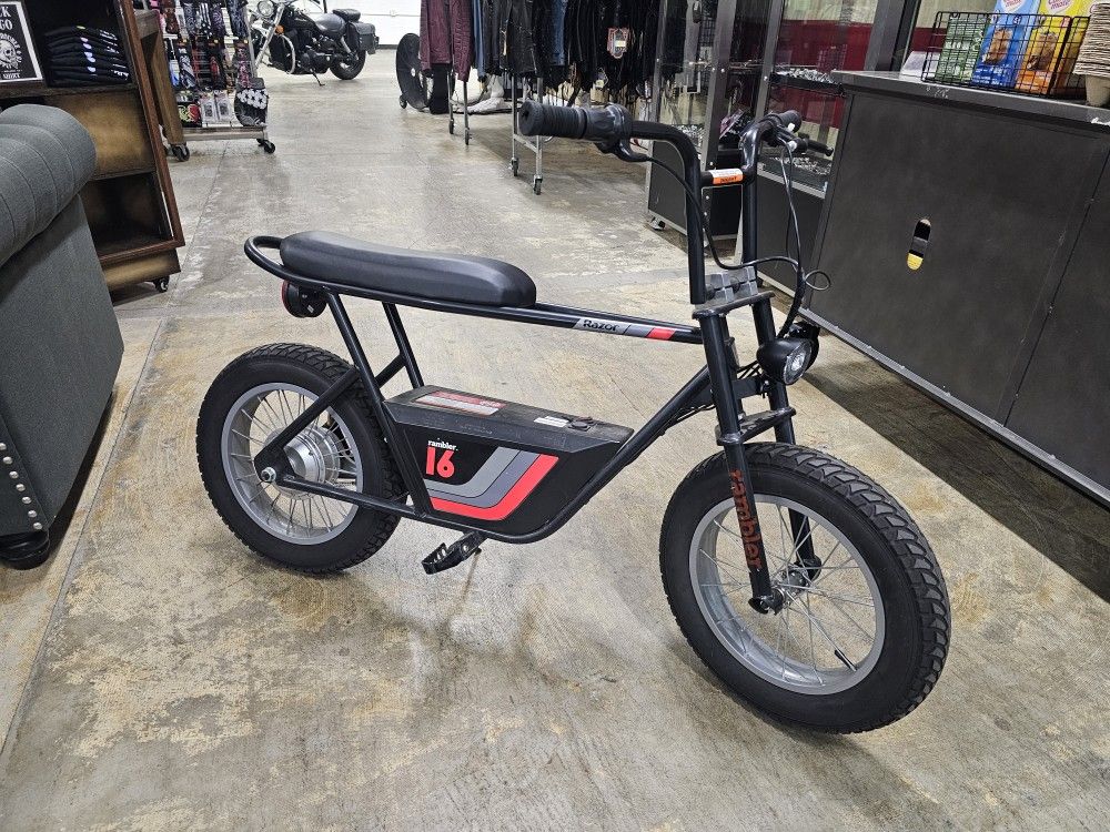 Razor Rambler 16 Electric mini bike.
36 volt.
Works great.
Comes with charger.
$400 FIRM