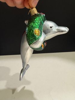 Old World Christmas Vintage Playful Dolphin Wreath Glass Ornament OWC Heart Tag