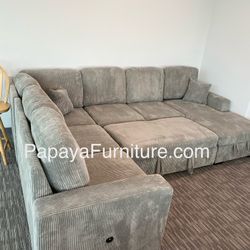 New! 120”L Grey Sectional Sofa Bed,Sectionals, Sofa, Couch, Corduroy Sectional Sofa With Storage, Sleeper Sofa. Sofabed, Sofa Bed,U Shaped Sectionals