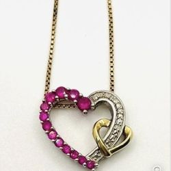 Vintage diamond, ruby sterling silver 10k, gold heart pendant