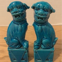 Pair of Chinese turquoise blue small Foo dog Sculptures temple lions 4.8 inches high