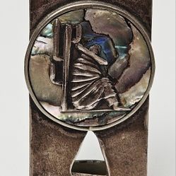 VTG Mexico Sterling 925 Abalone Inlay Man Sitting By a Cactus Money Clip 25.6g