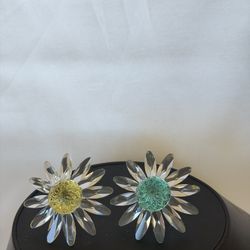Swarovski SCS Yellow, Green Marguerite Crystal Daisy Flowers Set of 2