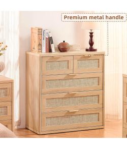 LEYAOYAO Rattan Dresser for Bedroom, 33.5" Tall Chest of Drawers, Modern 5 Drawers Boho Dressers with Storage, Light Oak Dresser Wooden Closet Organiz