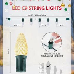 C9 Christmas String Lights, 100 Ft LED Commercial Outdoor Christmas Lights with 100 Strawberry C9 Bulbs,