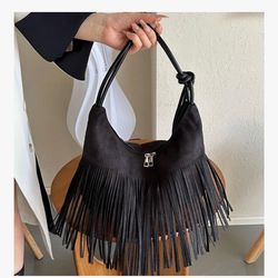 Vintage fringe suede black handbag woman