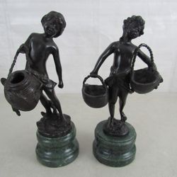 Andrea by Sadek Solid Brass & Marble Boy & Girl Carrying Baskets 11"


