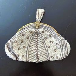 Vintage Satin Beaded Clutch Purse Brass Clasp w/ Rhinestone Pearl