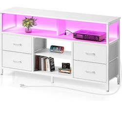 White Storage Console / TV Stand with Drawers & Shelves