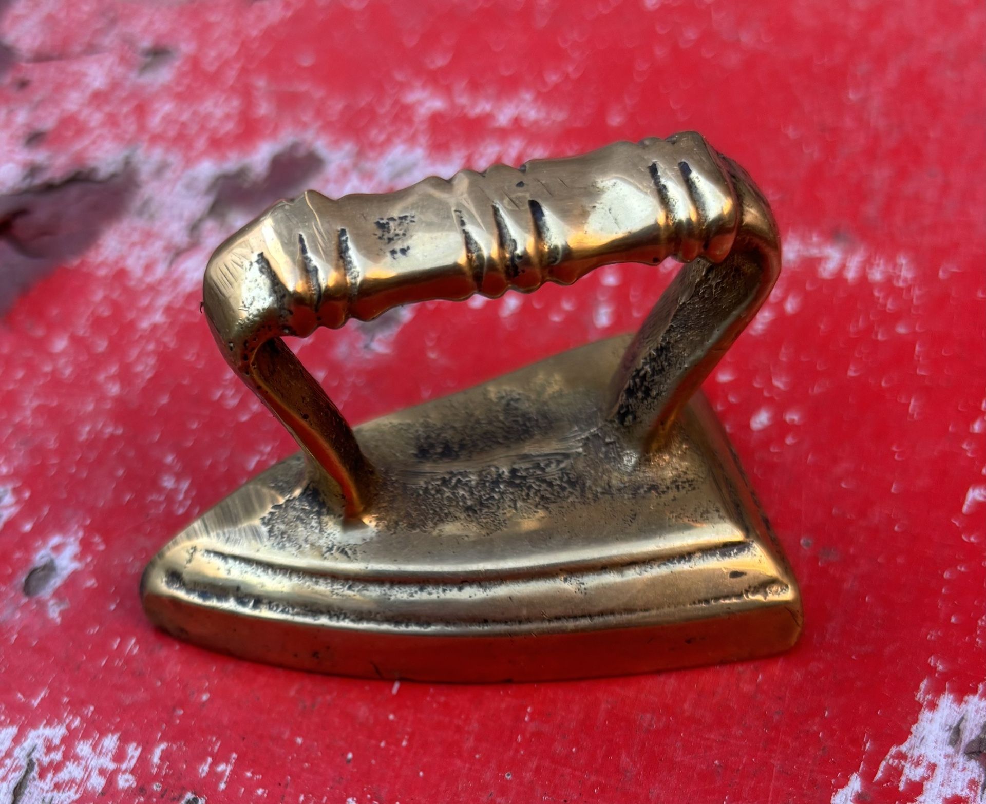 Vintage Cast Iron Miniature Sad Iron coated in Brass Paper Weight Decor
