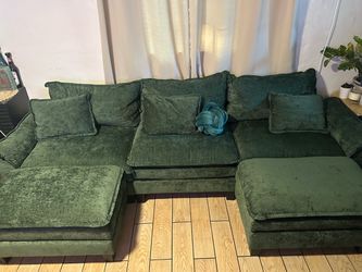 Green Velvet Sectional Sofa with Ottomans