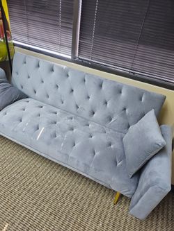 Gray Velvet Tufted Sofa with Gold Legs
