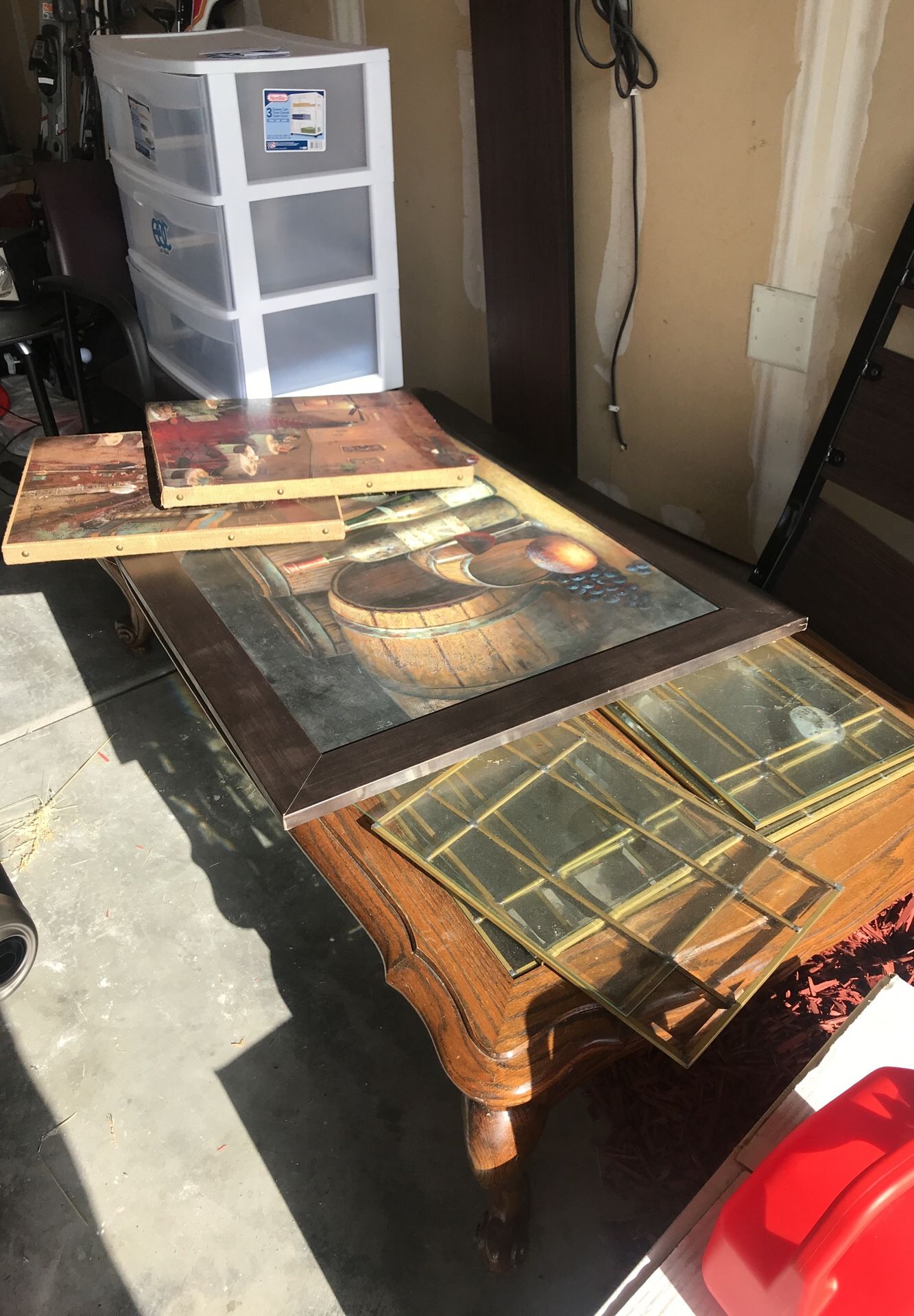 Coffee table and paintings