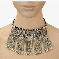 Oxidised Silver-Plated Floral Stone-Studded Necklace for Women. Adjustable