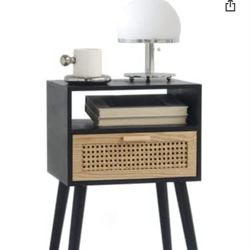MaxSmeo End Table with Storage Mid Century Nightstand with Rattan Drawer and Shelf, Wood Small Side Coffee Table for Small Space, Living Room and Bedr