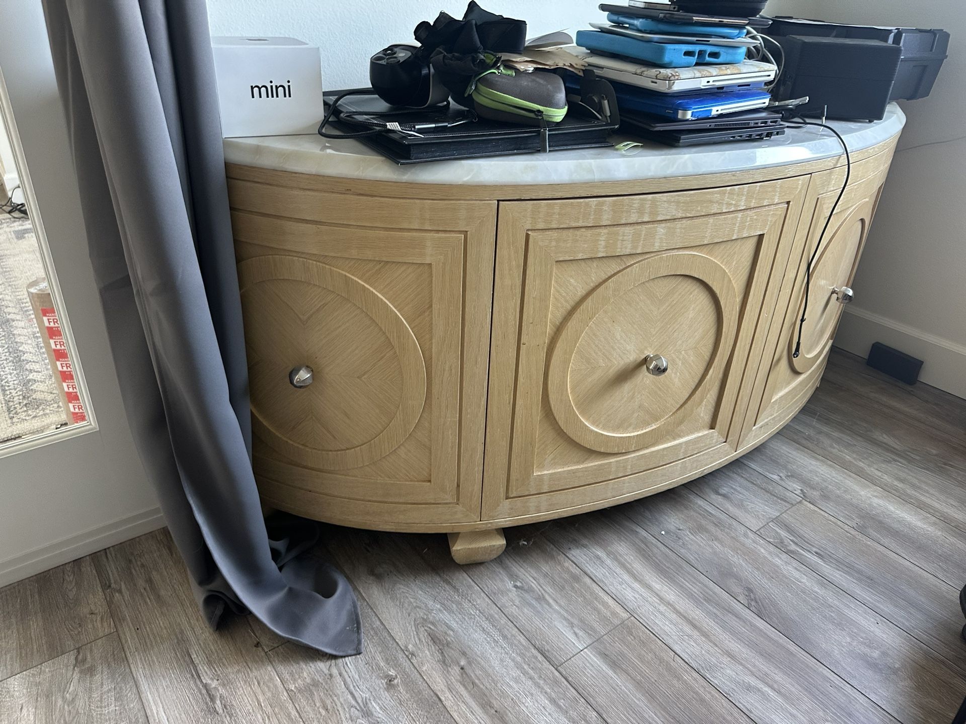 Marble-Top Media Console / Storage Cabinet – Light Wood Finish