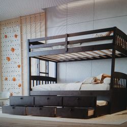 Twin Twin Bunk Bed W/trundle+3 Drawers Espresso 