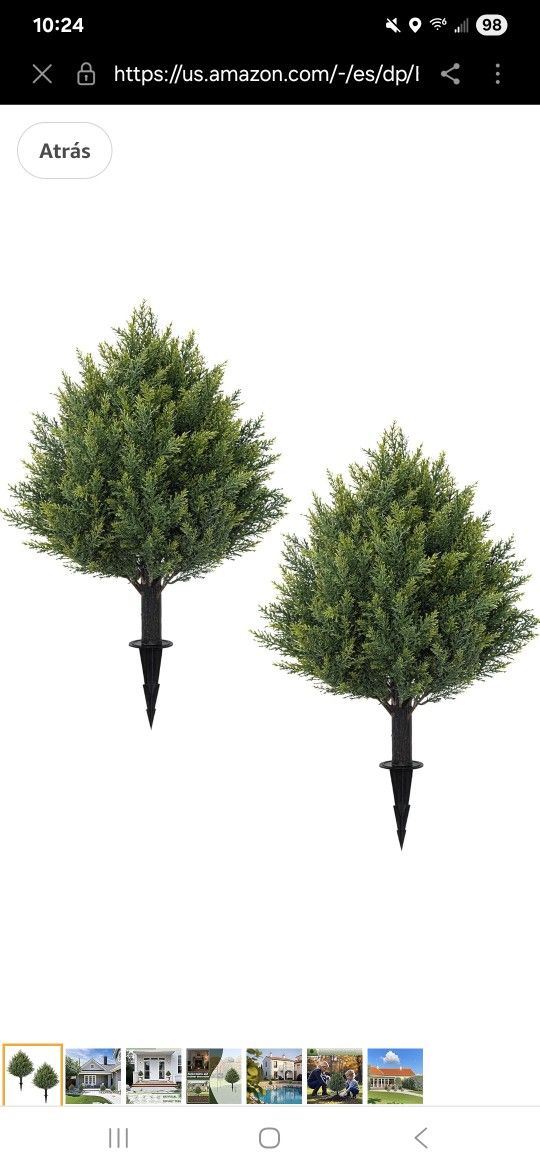 24.8 Inch Artificial Cedar Topiary Trees with Ground Spike, Set of 2 Faux Cypress Plants, UV Resistant Fake Pine Bushes for Outdoor
