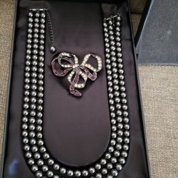 Triple- Strand Pearl Necklace/ Brooch Set New In Box,for Women 