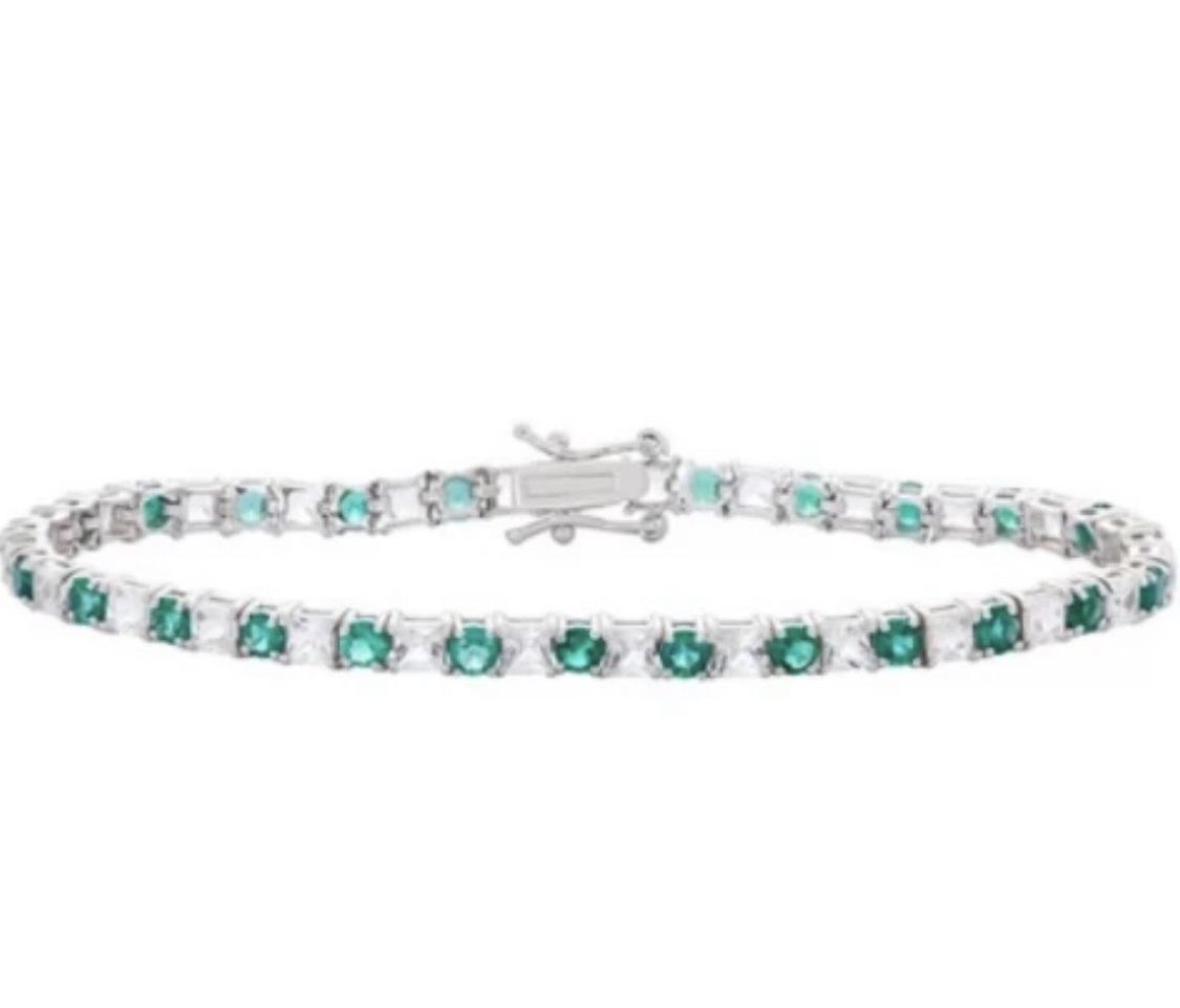 Sterling Silver Lab-Created Emerald & White Sapphire Tennis Bracelet