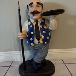 Vintage Ceramic Pool/Billiards Statue Man. 27” Tall. Cigar/ Pool Cue. Pre Owned.