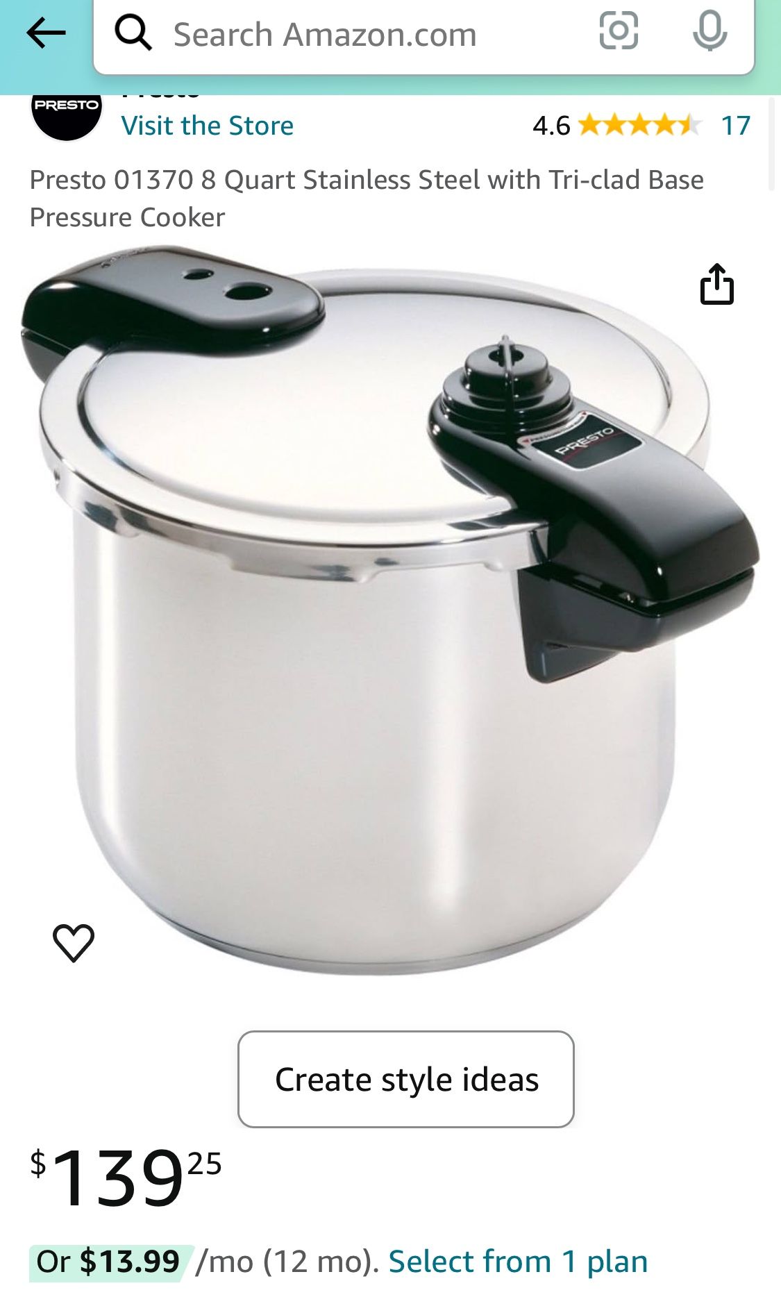 Presto 01370 Quart Stainless Steel Pressure Cooker