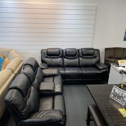 Holiday sale. Santiago, black leather reclining sofa and loveseat set only $1299. Easy finance option. Same day delivery.