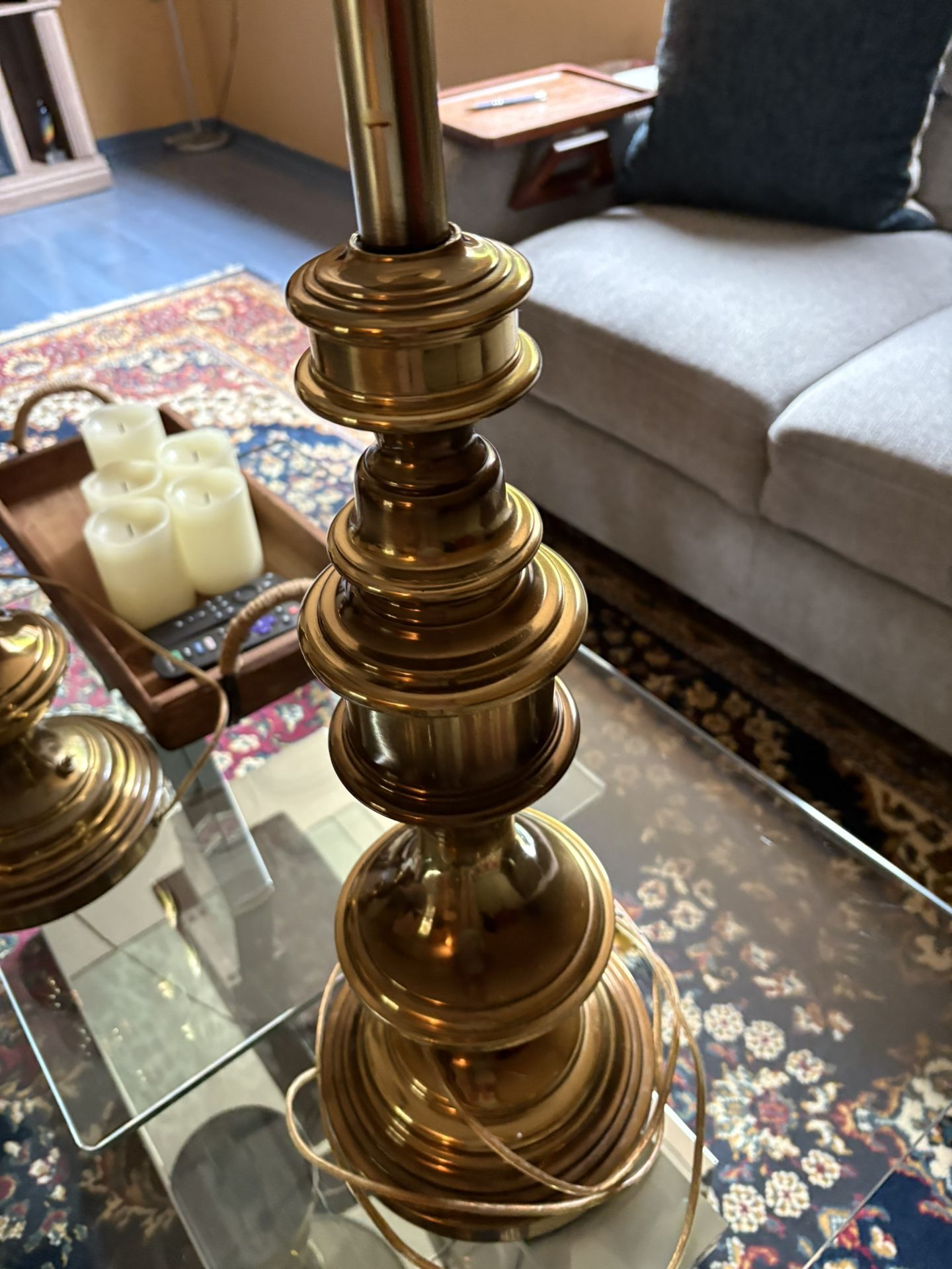Set Of Two Antique Brass Lamps With Shades