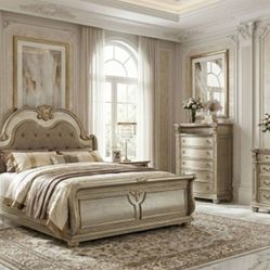 Brand New Elegant  Champagne 4pc Queen Size Bedroom Set 