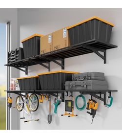 4 Pack Garage Shelving Wall Mounted with 16 Hooks, 1.5x4ft, 1000lbs Heavy Duty Garage Wall Shelving, 7-Bar Square Tube, Metal Floating Shelves, Indust