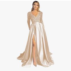 New V Neck Prom Dresses Long Sleeves Ball Gown 2022 A-Line Sparkly Sequin Evening Party Gowns with Slit Dust