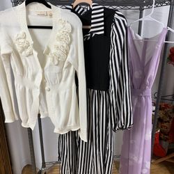 Cream Flower Sweater, Black And White Striped Dress, And Lavender Dress