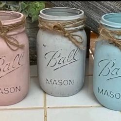 Chalk painted distressed PINT mason jars gift wedding - pink gray blue