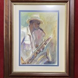 ORIGINAL WATERCOLOR Painting JAZZ Saxophone FRAMED & MATTED Signed by artist Haines