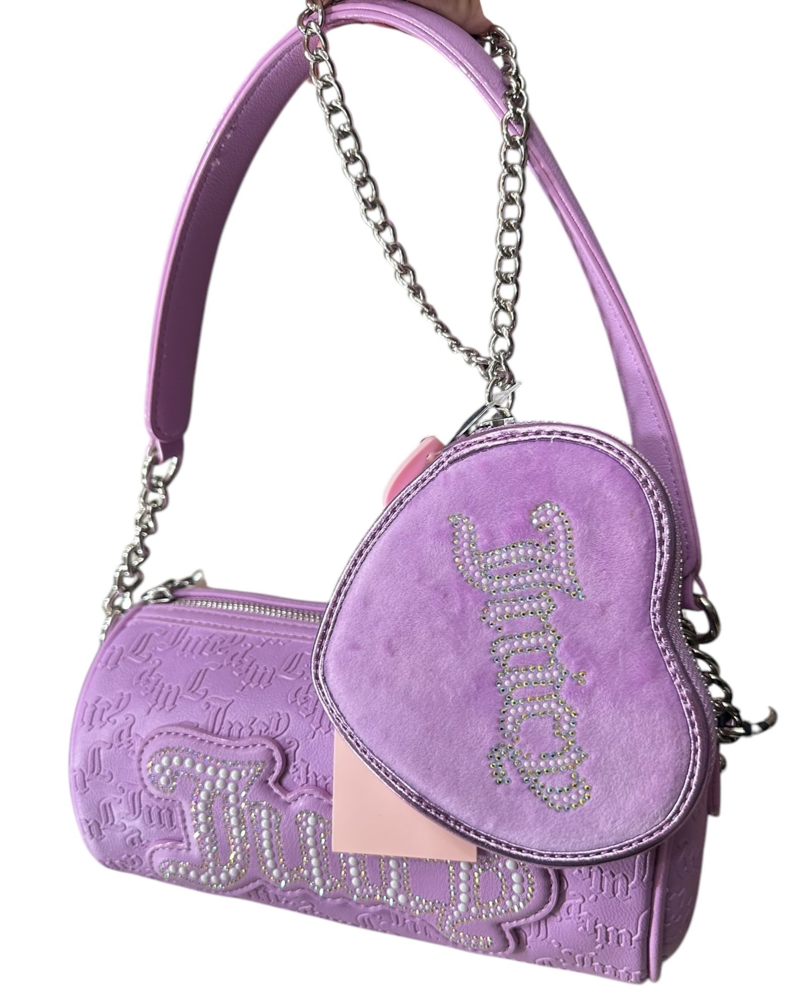 Juicy Couture String Of Pearls Roll Bag Barrel & Heart Wristlet Violet Tulle