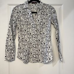 Floral Black, White and Grey Women's Tailored Button Up Blouse